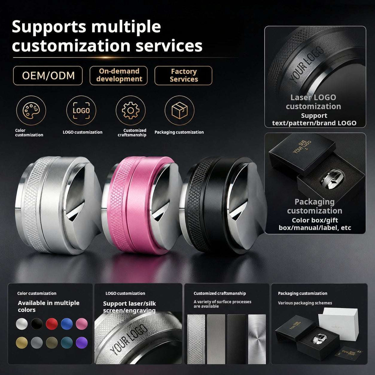 Dual Head 2-in-1 coffee distributor and espresso tamper with adjustable depth and ergonomic grip in silver, pink, and black colors