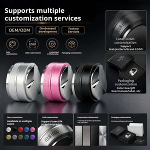 Dual Head 2-in-1 coffee distributor and espresso tamper with adjustable depth and ergonomic grip in silver, pink, and black colors