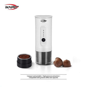 IKAPE 2-in-1 Electric Portable Espresso Maker with cup and USB cable on white background