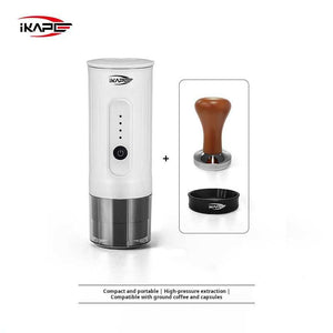 IKAPE 2-in-1 Electric Portable Espresso Maker in black with clear serving cup and USB cable on white background