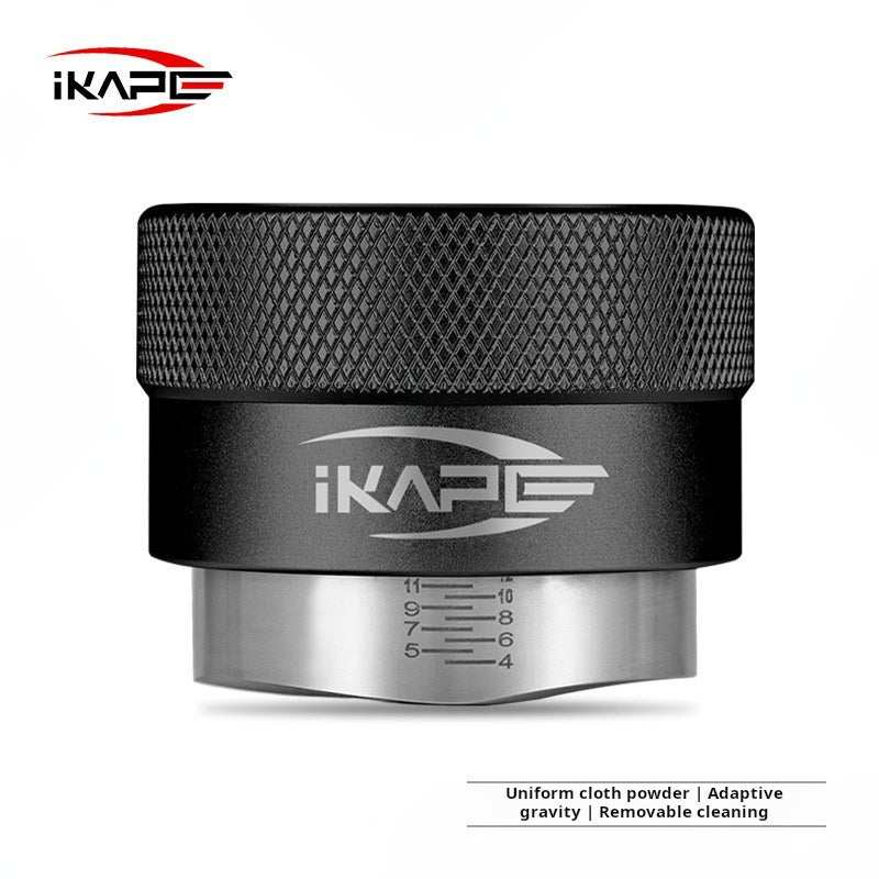 IKAPE Adaptive Gravity espresso coffee distributor tool with stainless steel base and ergonomic aluminum grip for even coffee grounds distribution