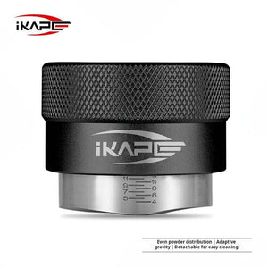IKAPE Adaptive Gravity Espresso Coffee Distributor Tool with stainless steel base and anodized aluminum grip for even coffee ground distribution