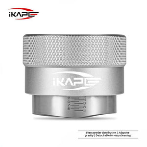 IKAPE Adaptive Gravity espresso coffee distributor tool with stainless steel base and aluminum grip for even coffee grounds distribution