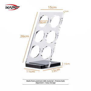 IKAPE Clear Acrylic Espresso Filter Basket Holder Stand with 6 slots and black ABS base for espresso baskets organization