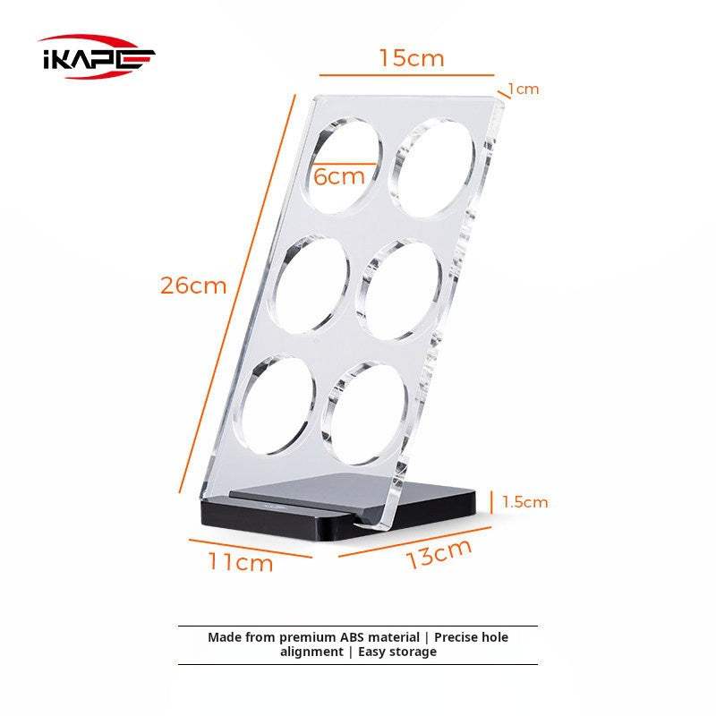 IKAPE Clear Acrylic Espresso Filter Basket Holder Stand with 6 slots and black ABS base for espresso baskets organization