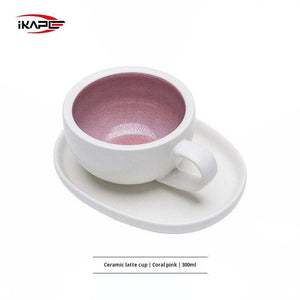 IKAPE Ceramic Coffee Cup with saucer set 300ml matte white textured exterior and glazed interior