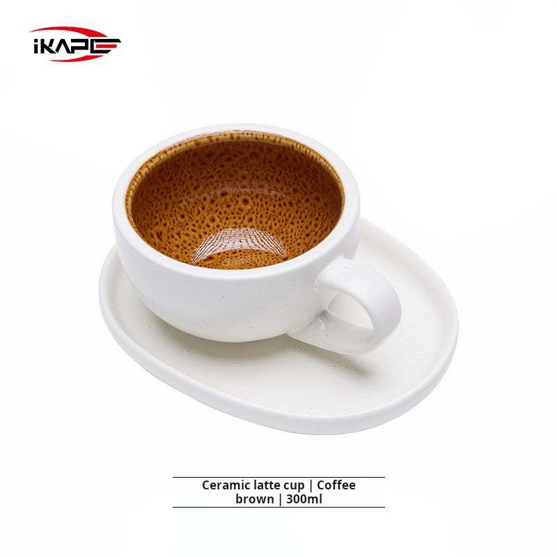IKAPE Ceramic Coffee Cup with saucer set 300ml matte white textured ceramic cup and oval saucer for latte art