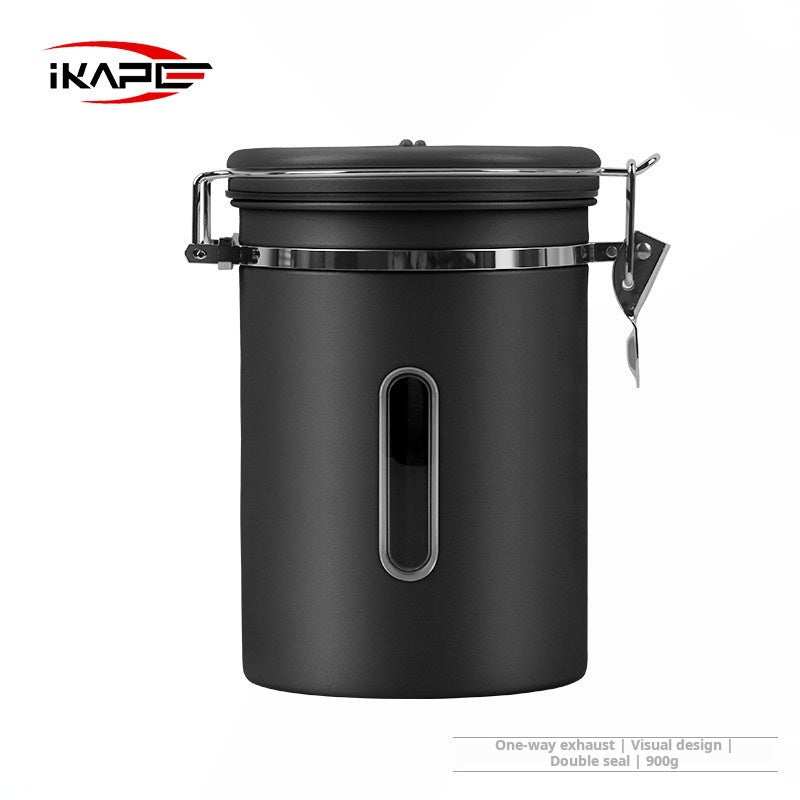 IKAPE Stainless Steel airtight coffee canister with date tracker, valve, and scoop holder