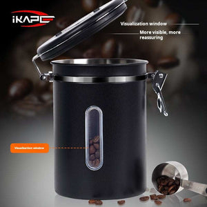 IKAPE stainless steel airtight coffee canister with date tracker and measuring scoop