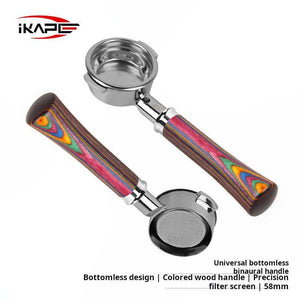 IKAPE Rainbow Wood Handle espresso bottomless portafilter with stainless steel and vibrant Aurora wood handle