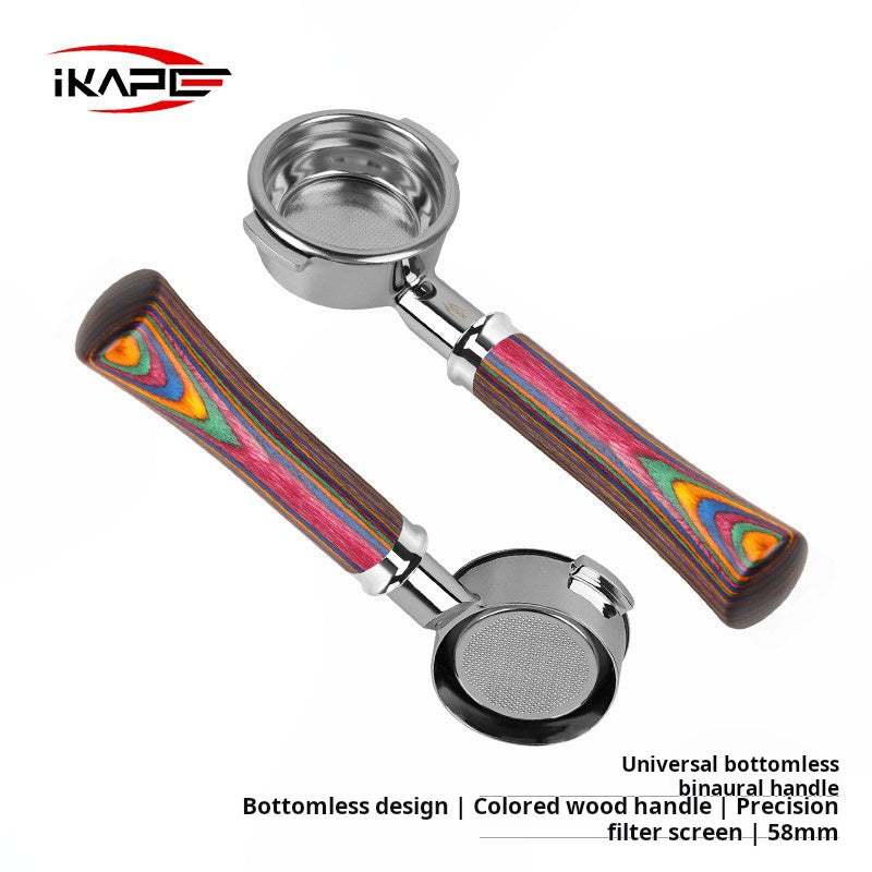 IKAPE Rainbow Wood Handle espresso bottomless portafilter with stainless steel and vibrant Aurora wood handle