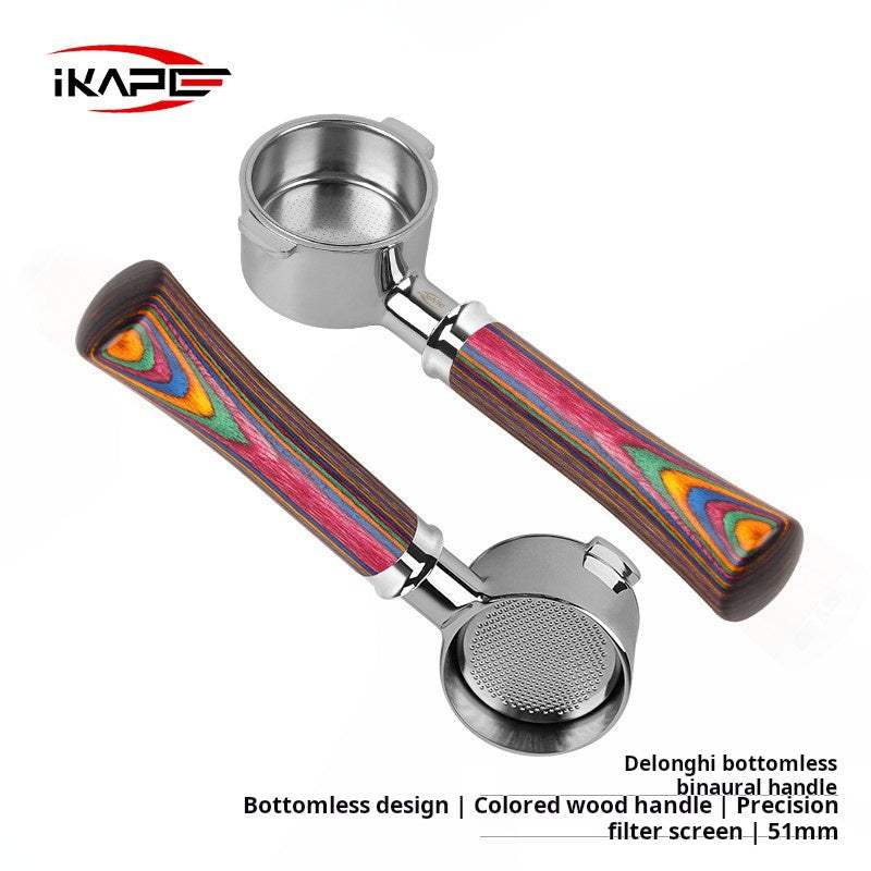 IKAPE Rainbow wood handle bottomless stainless steel espresso portafilter on white background