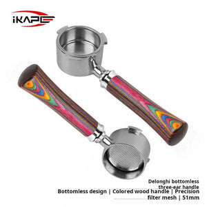 IKAPE Rainbow Wood Handle bottomless espresso portafilter with stainless steel and vibrant Aurora wood handle