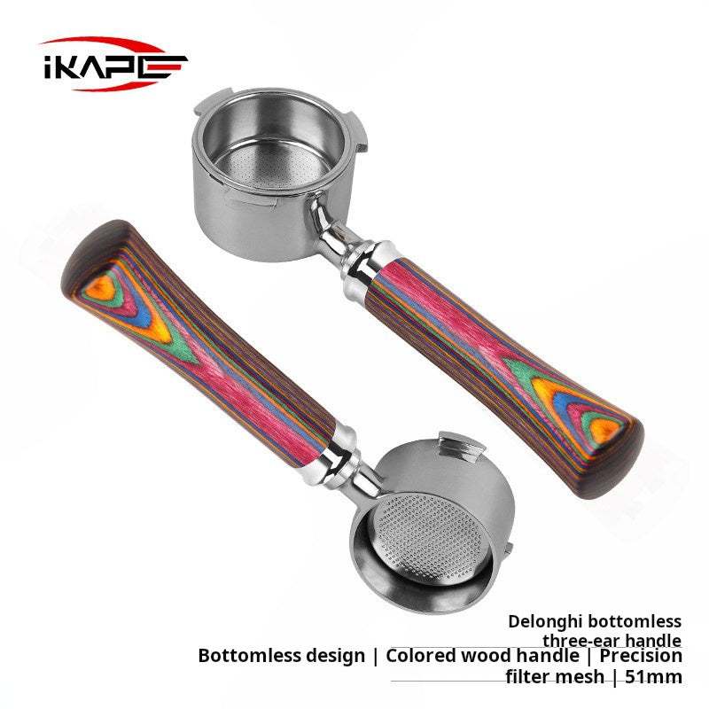 IKAPE Rainbow Wood Handle bottomless espresso portafilter with stainless steel and vibrant Aurora wood handle