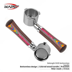IKAPE Rainbow Wood Handle bottomless espresso portafilter with stainless steel and multi-colored wood handle