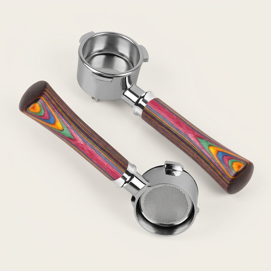 IKAPE bottomless portafilter, colored wood handle and filter head