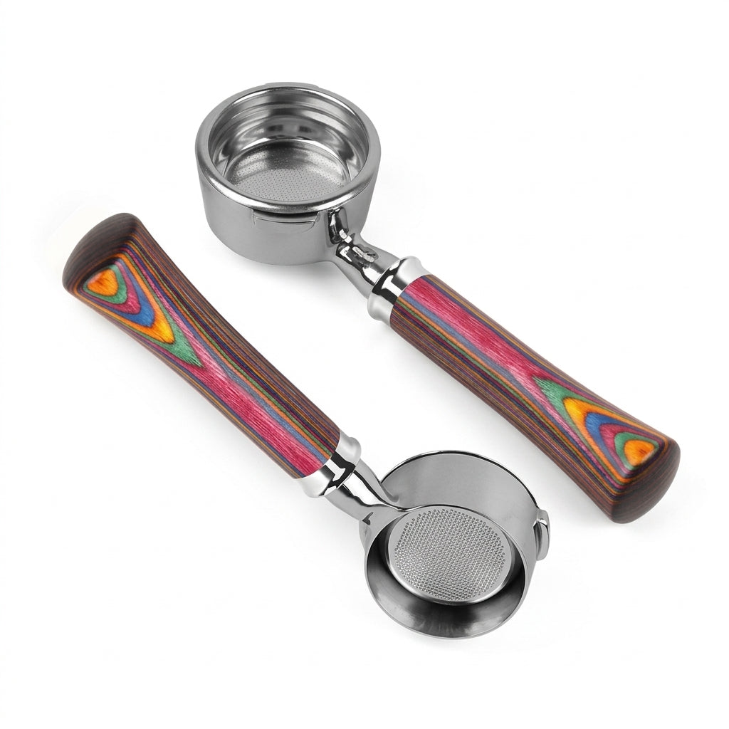 Espresso bottomless portafilter by IKAPE with multicolor wood handle