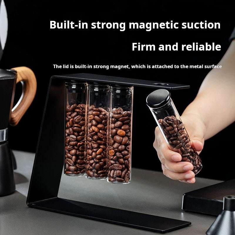 Magnetic coffee bean storage tubes with metal stand and funnel for single dose brewing