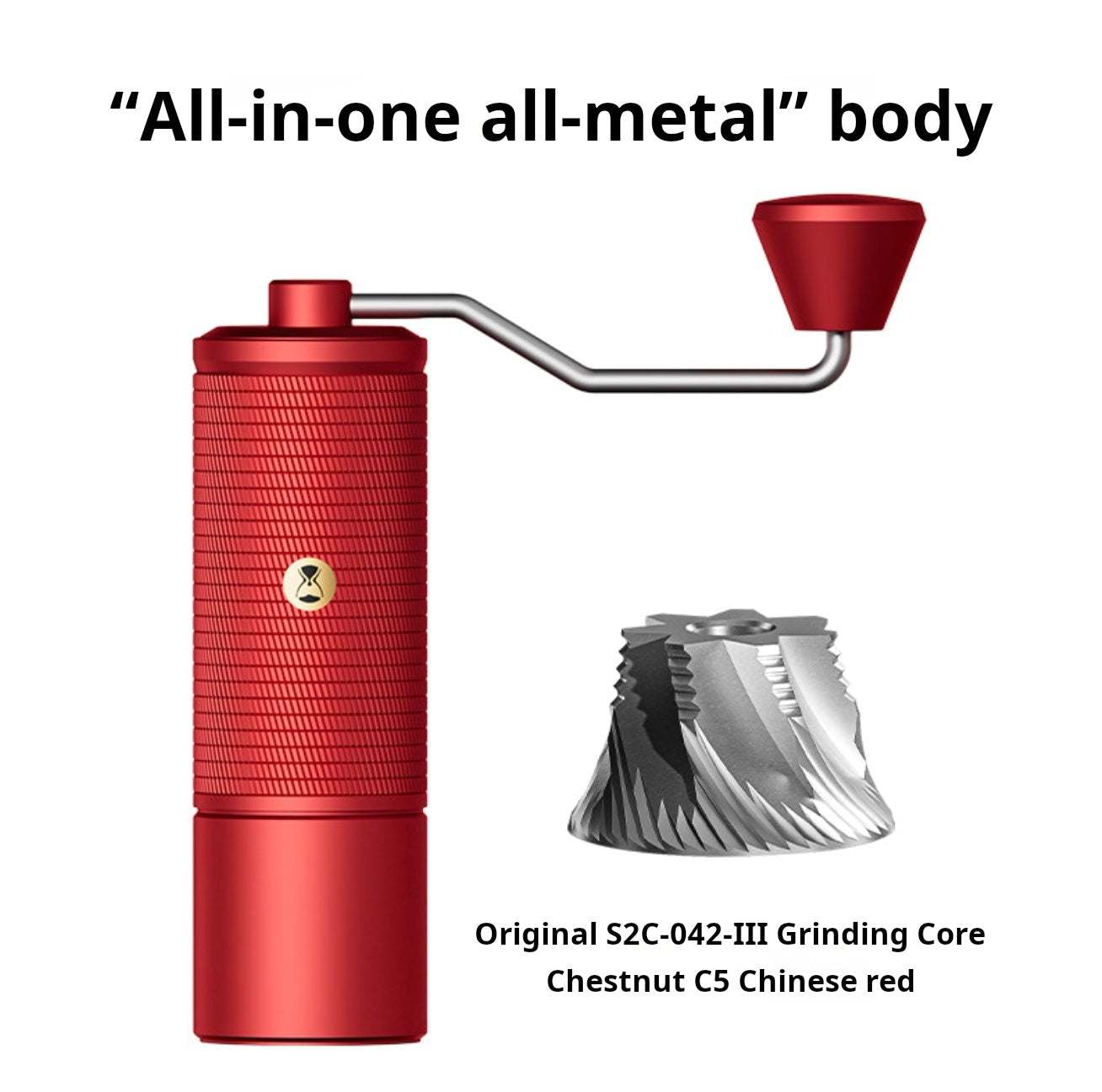 Manual coffee grinder with stainless steel burr and ergonomic anti-slip grip on metal body