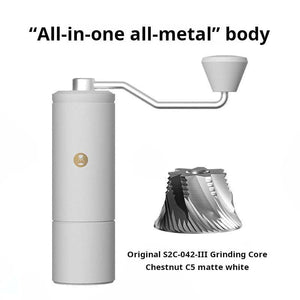 Manual coffee grinder with stainless steel burr and ergonomic handle on a white background