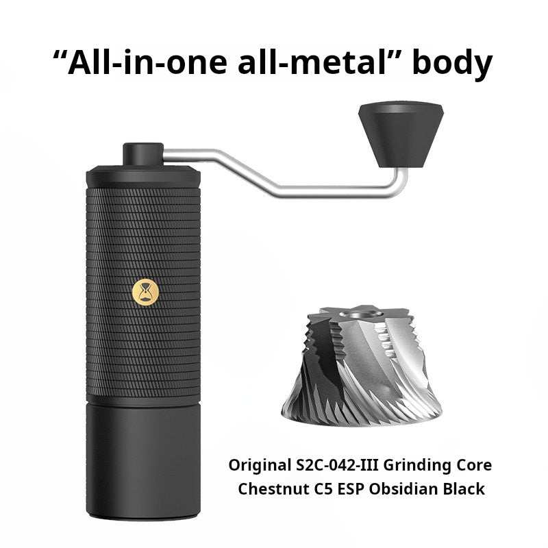Manual coffee grinder with stainless steel burr and ergonomic handle on white background