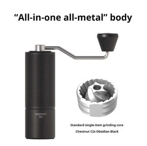 Manual coffee grinder with stainless steel burr and ergonomic grip on white background