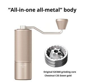 Manual coffee grinder with stainless steel burr and ergonomic grip on a white background