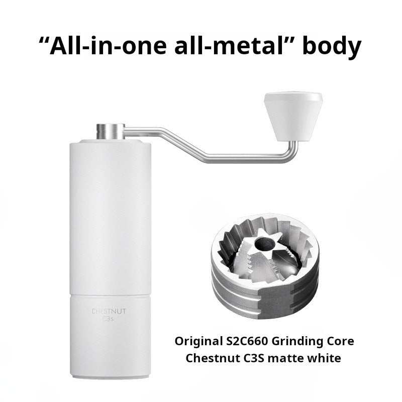 Manual coffee grinder with stainless steel burr and ergonomic grip on a white background