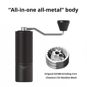 Manual coffee grinder with stainless steel burr and ergonomic handle on white background