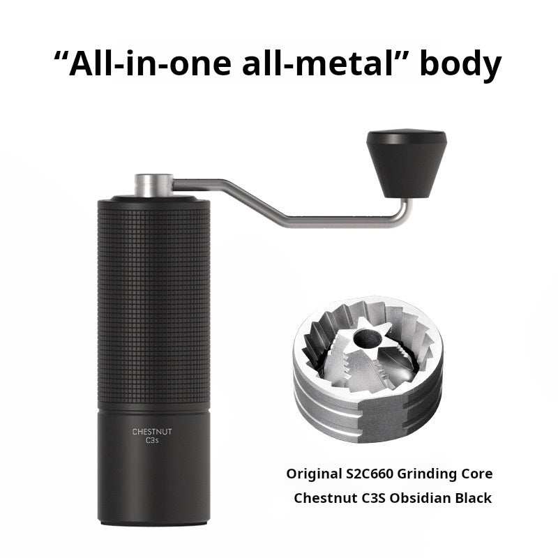 Manual coffee grinder with stainless steel burr and ergonomic handle on white background