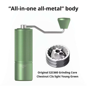 Manual coffee grinder with stainless steel burr and ergonomic handle for precise grinding