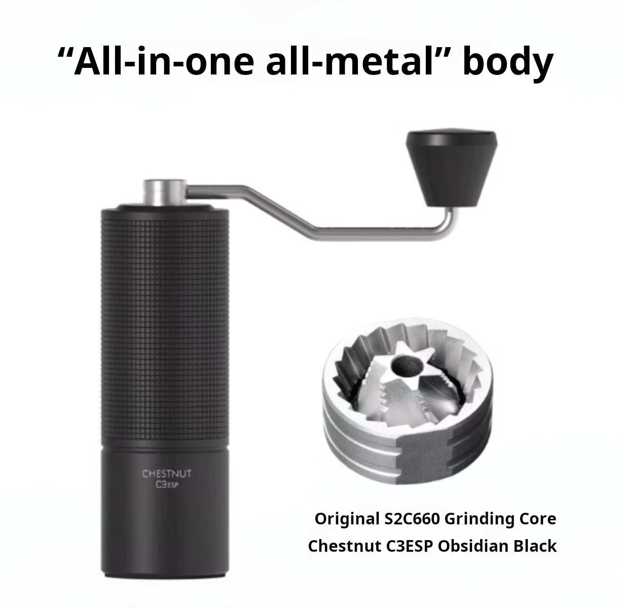 Manual coffee grinder with stainless steel burr and ergonomic handle on white background