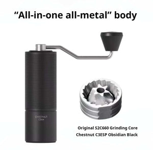 Manual coffee grinder with stainless steel burr and ergonomic handle on white background