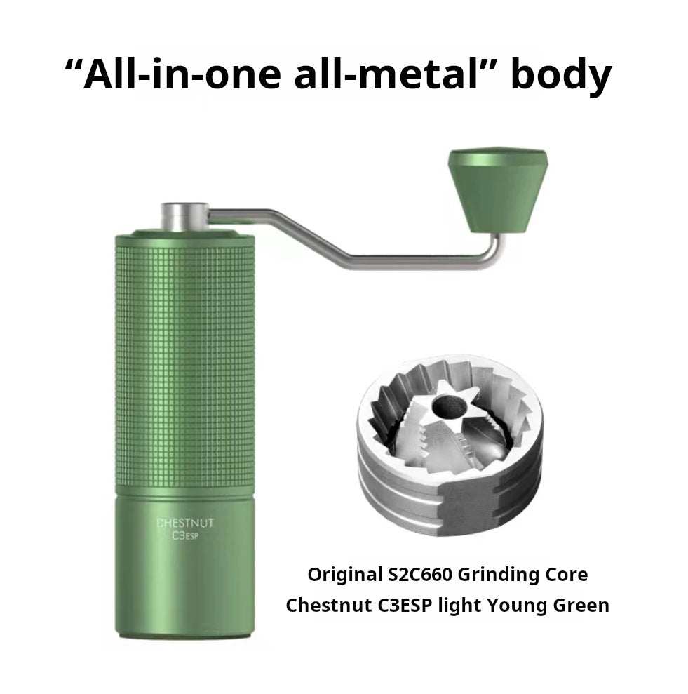 Manual coffee grinder with stainless steel burr and ergonomic crank handle on a white background