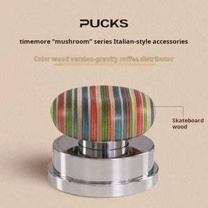 Timemore Wooden Espresso Tamper and Distributor Set with hardwood handles and stainless steel base on black tray