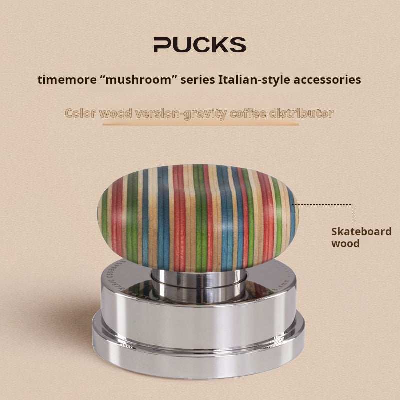 Timemore Wooden Espresso Tamper and Distributor Set with hardwood handles and stainless steel base on black tray