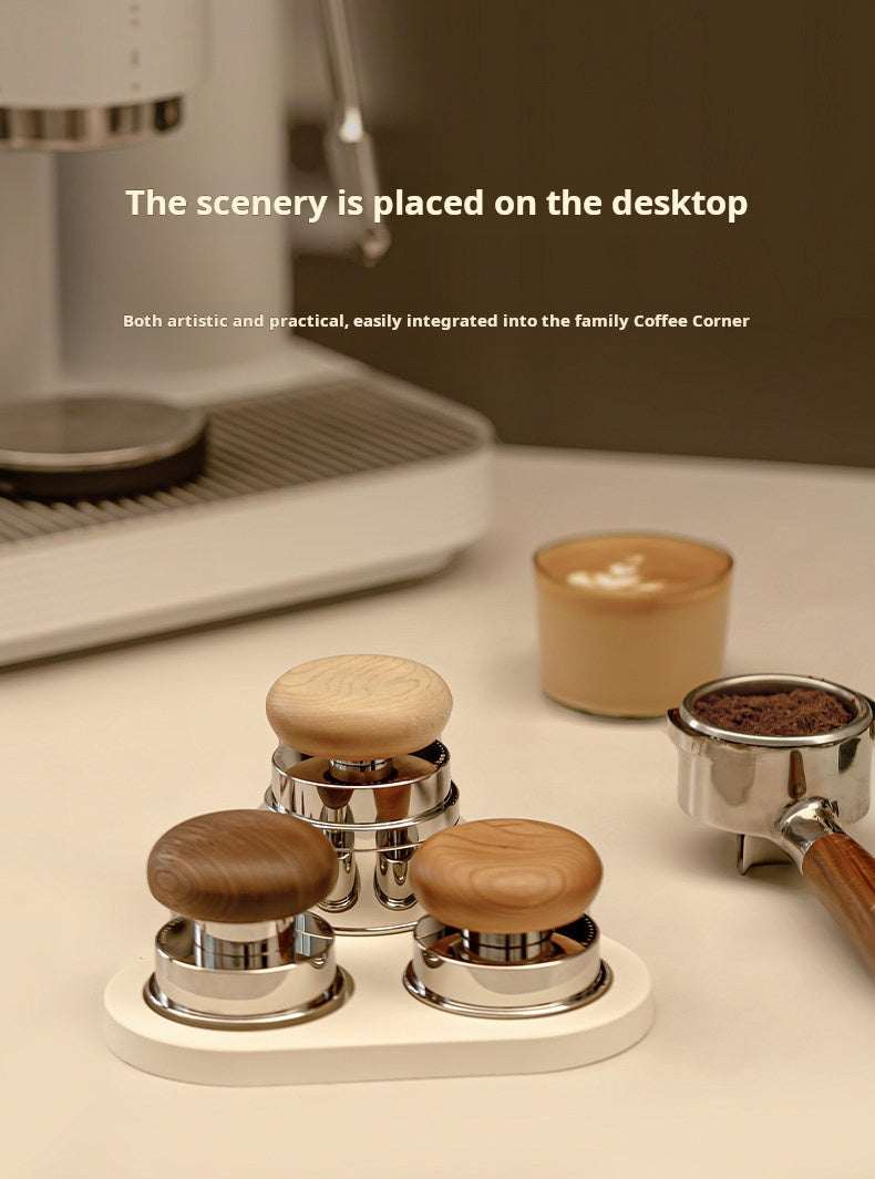 Timemore Wooden Espresso Tamper and Distributor Set with wooden handles and stainless steel bases on a coffee table