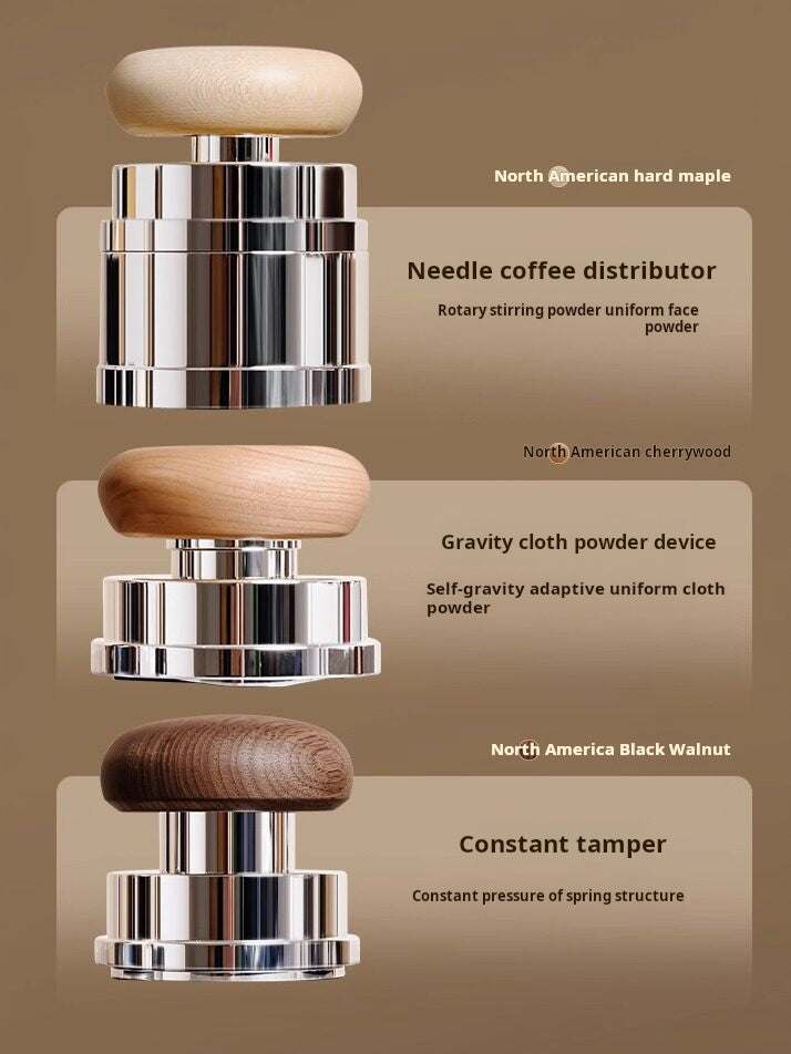 Timemore Wooden Espresso Tamper and Distributor Set with hardwood handles and stainless steel bases on a black surface