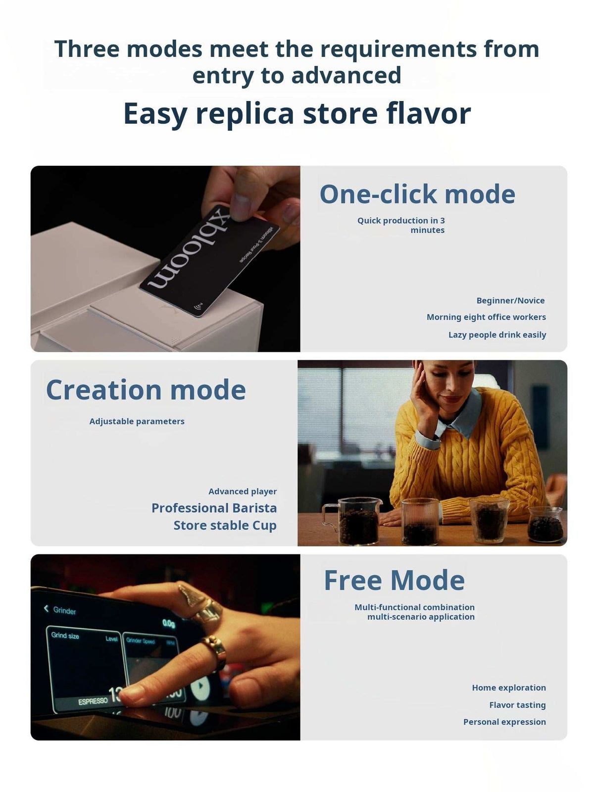 xBloom Studio banner with three usage modes, a recipe card, cups and a hand on the screen