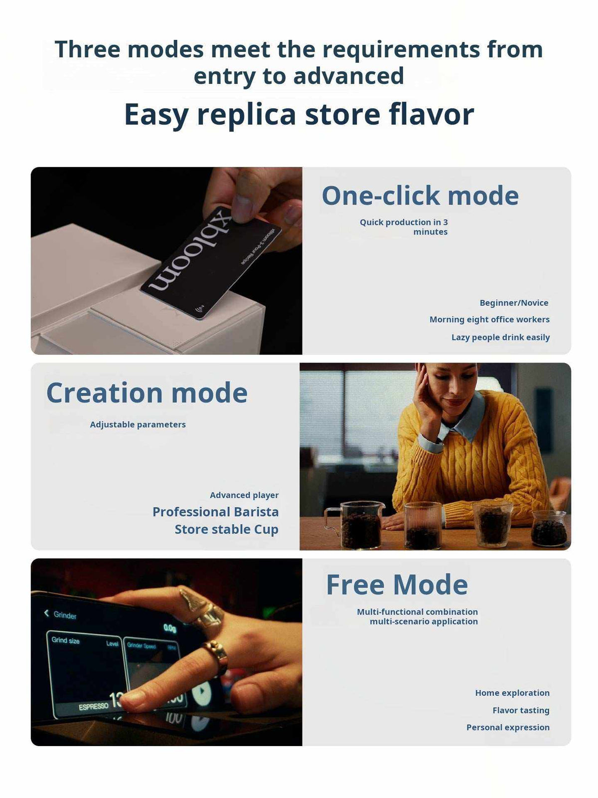 xBloom Studio brewing modes infographic with lifestyle images