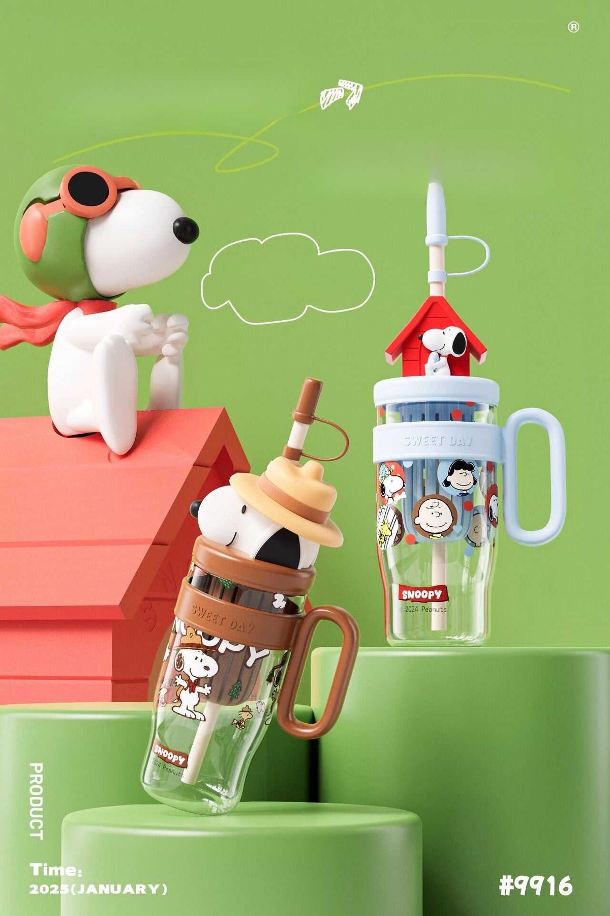 Snoopy Water Bottle 1060 ml with Straw, Tea Filter and Handle