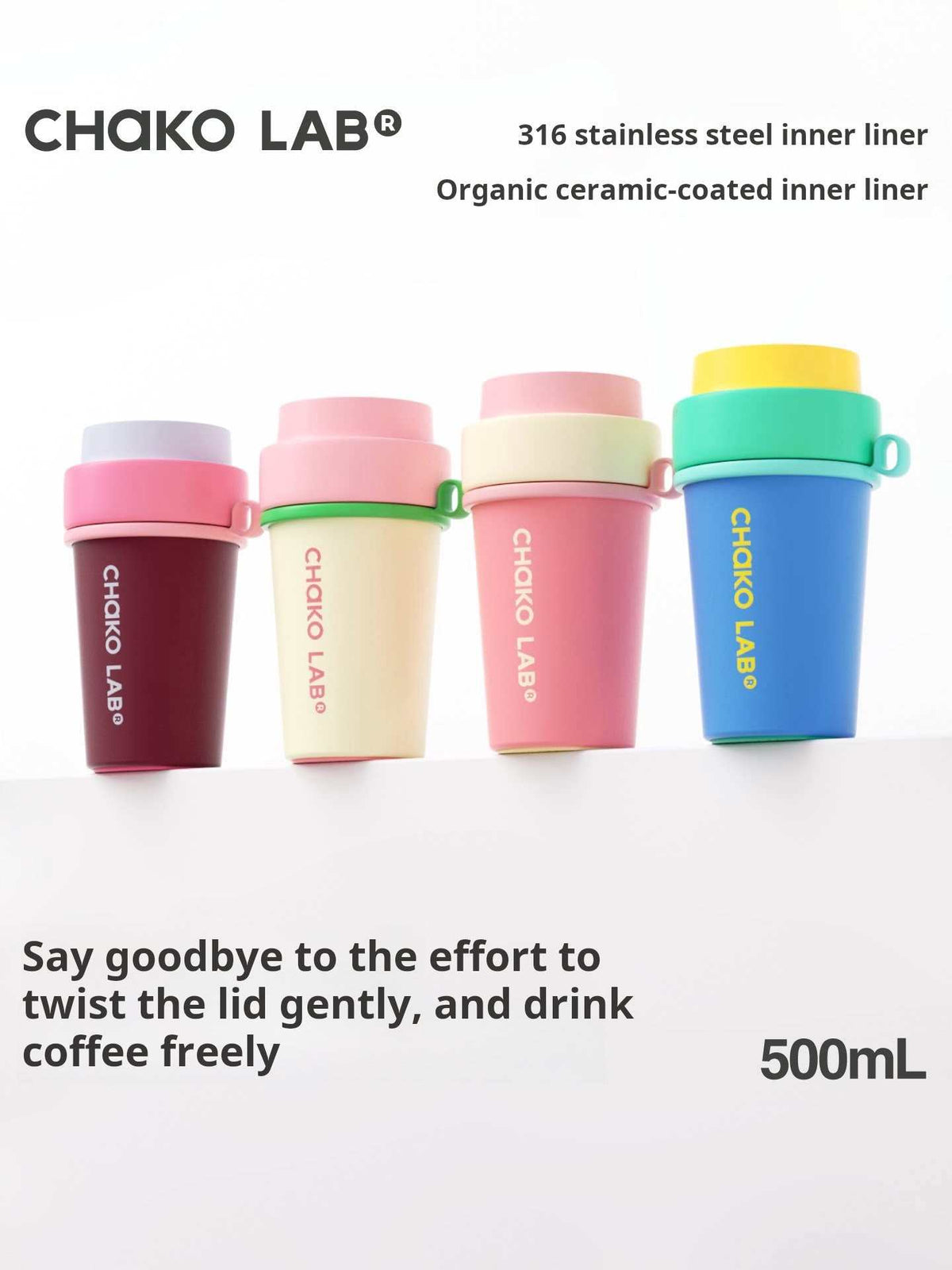 HEXU Insulated Tumbler 500ml - 8 Ceramic & Stainless Steel Colors with Straw