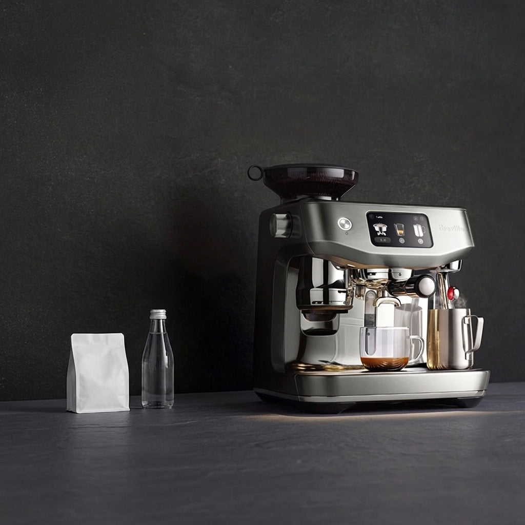 Breville espresso machine with grinder, front angled view on a counter beside a water bottle and coffee bag