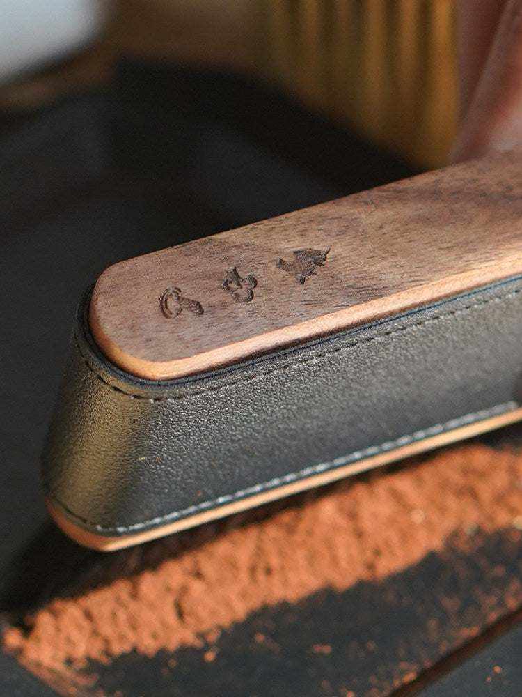 Wooden coffee cleaning brush with natural horsehair bristles and leather sleeve