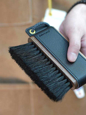 Wooden coffee cleaning brush with natural horsehair bristles and leather accent