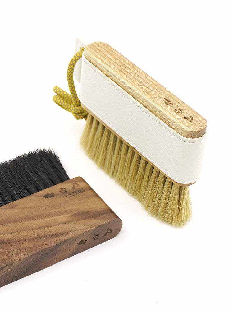 Wooden coffee cleaning brush with horsehair bristles and leather accent