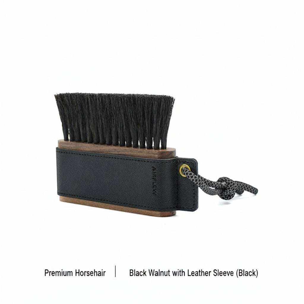 Wooden coffee cleaning brush with horsehair bristles and leather sleeve