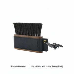 Wooden coffee cleaning brush with horsehair bristles and leather sleeve