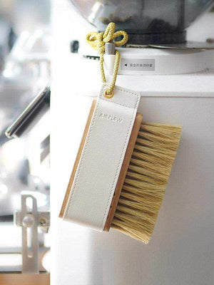 Wooden coffee cleaning brush with horsehair bristles and leather handle