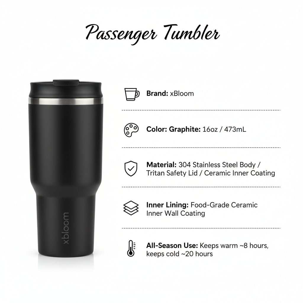 xBloom Passenger ceramic lined travel coffee tumbler with stainless steel body